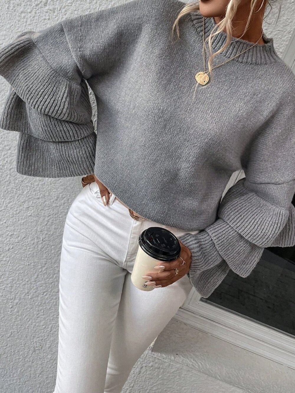 Women's Mock Neck Layer Sleeve Ruffle Trim Sweater